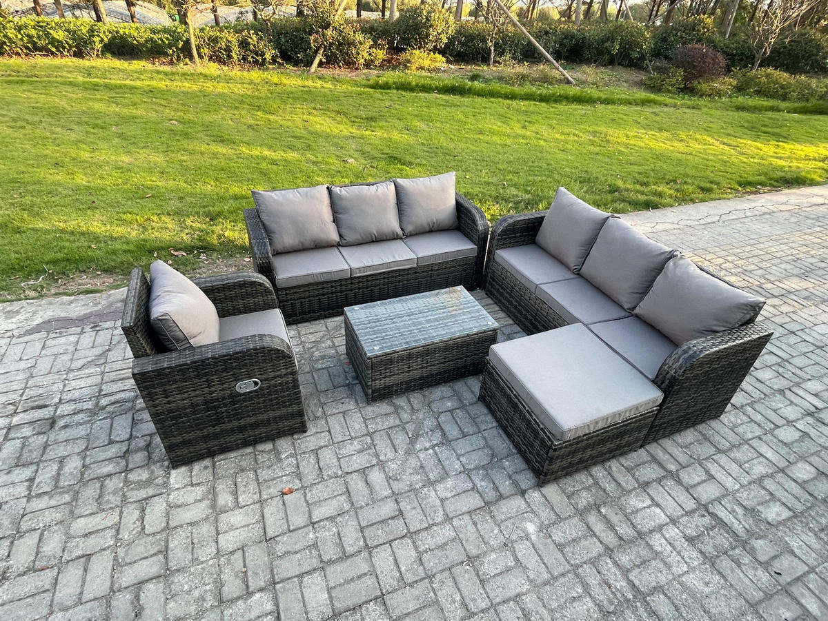 GARTENMÖBEL-SET mit Kissen Polyrattan Dunkelgrau 8-Sitzer - Dunkelgrau/Grau, Glas/Kunststoff - Fimous