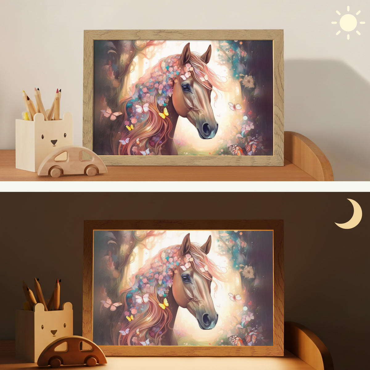 NACHTTISCHLAMPE Pferd - Natur - Blumen - Schmetterlinge - Wald 30x20 cm - Dunkelbraun, Holzwerkstoff (8/30/20cm)