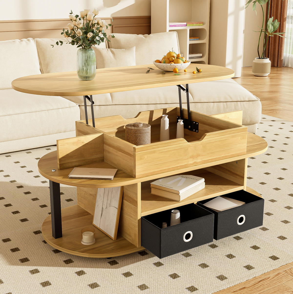 COUCHTISCH, Spanplatte mit Hebefunktion, Holzmaserung & schwarzen Stoffschubladen, 105/50/45/60 cm,Naturfarben - Naturfarben, Holzwerkstoff (105/50/60cm) - Redom