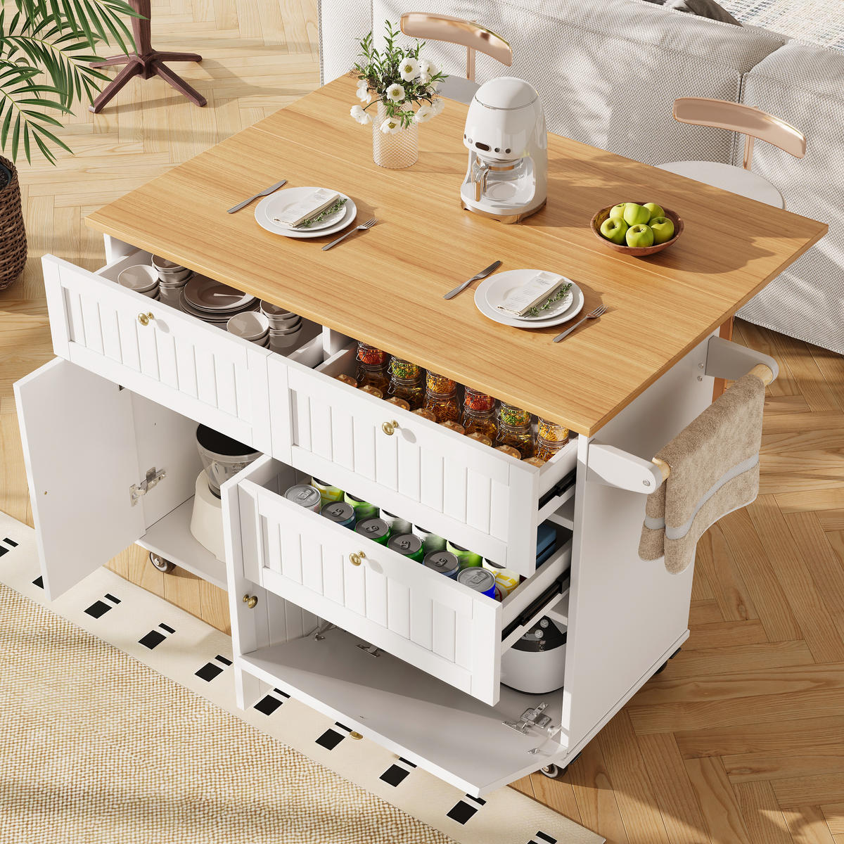 KÜCHENINSEL 133/70/88 cm Weiß mit Klappfunktion, 3D-Türen und 360° Rollen - Weiß, Holz/Holzwerkstoff (133/88/70cm) - Oxeza