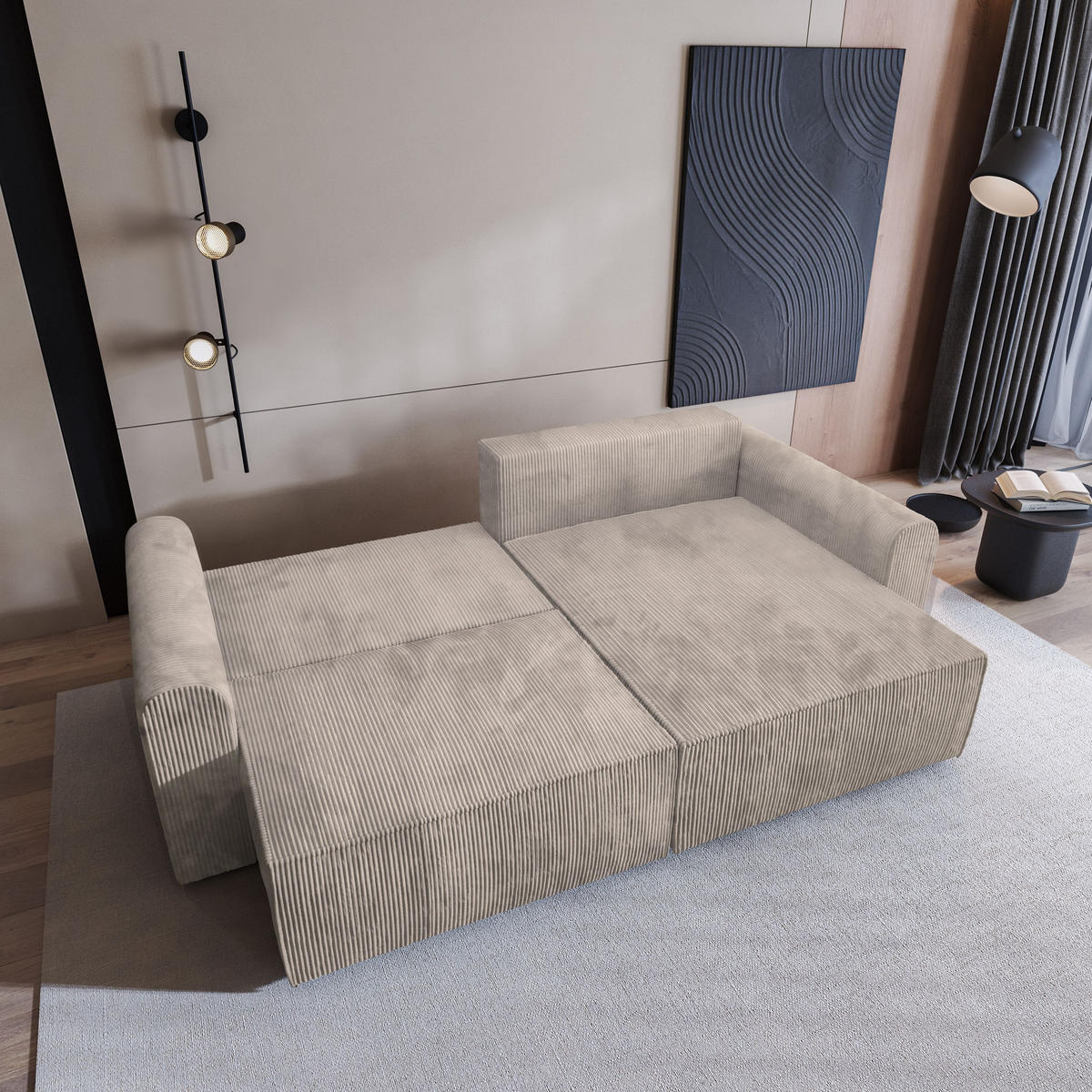 ECKSOFA FIANO P Creme Kordstoff mit Schlaffunktion - Creme, Holz (245/148cm) - MASSENO