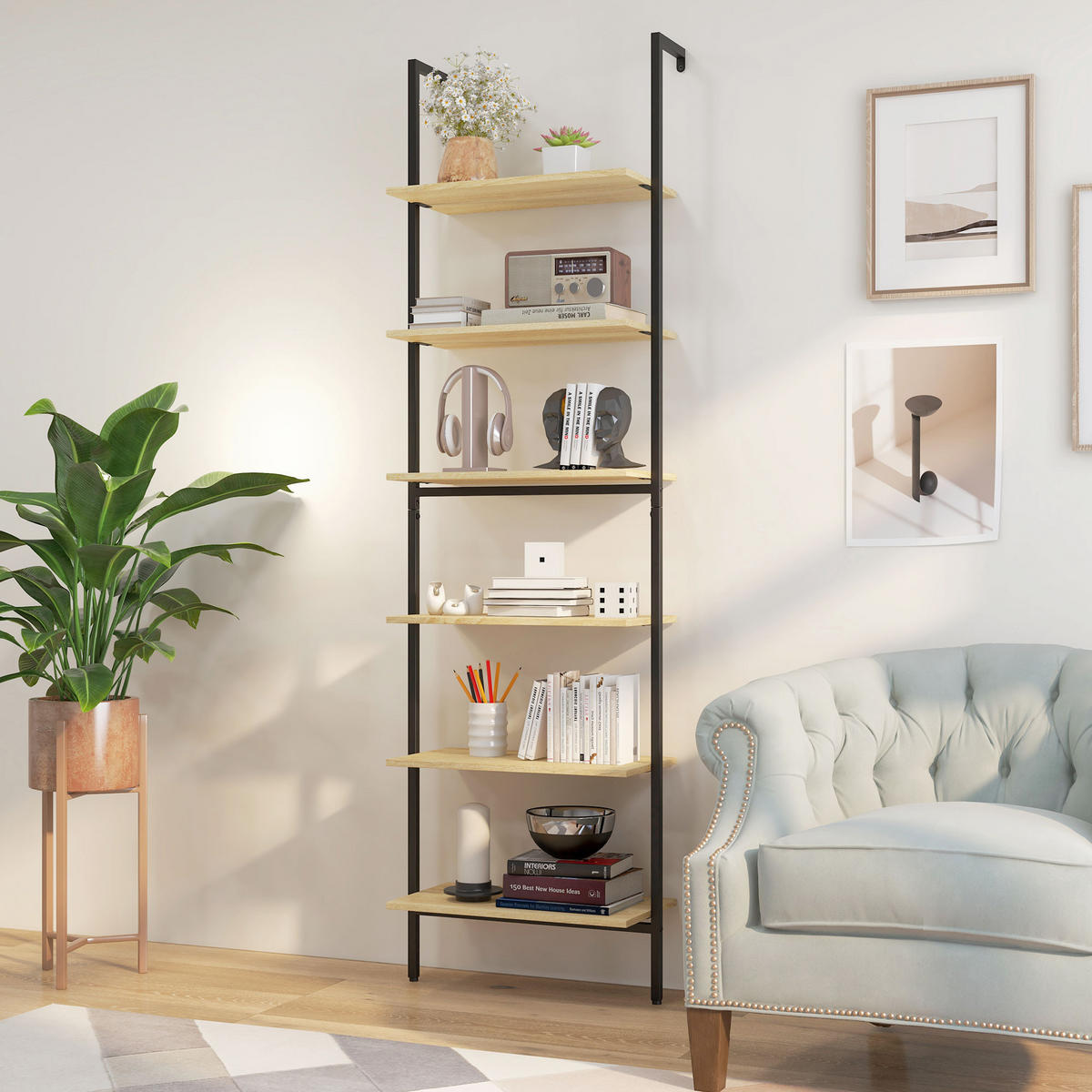 REGAL DE-15493 6-stufig, 60/30/206 cm Schwarz/Naturholz - Naturfarben, Holzwerkstoff (60/206/30cm) - ComfortXL