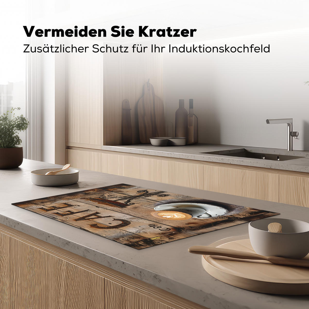 HERDABDECKPLATTE Cafe - Holz - Kaffee - Regale Induktionsmatte 81x52 cm - Schwarz, Kunststoff (81/52/0.2cm) - MuchoWow