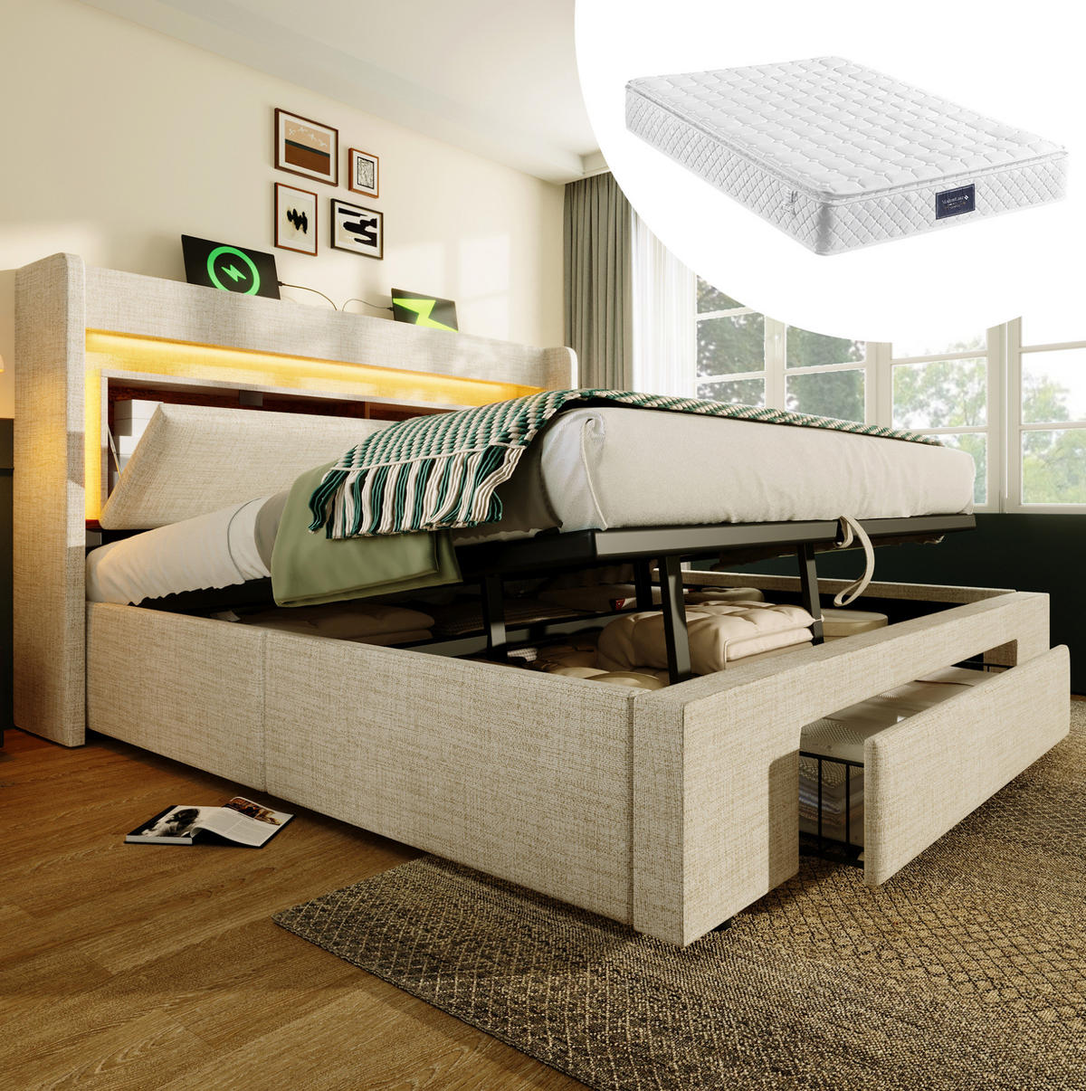 POLSTERBETT aus Leinen 140x200 cm Beige mit Bettkasten, LED-Beleuchtung, USB/USB-C und Matratze - Beige, Textil (140/200cm) - IVMEU