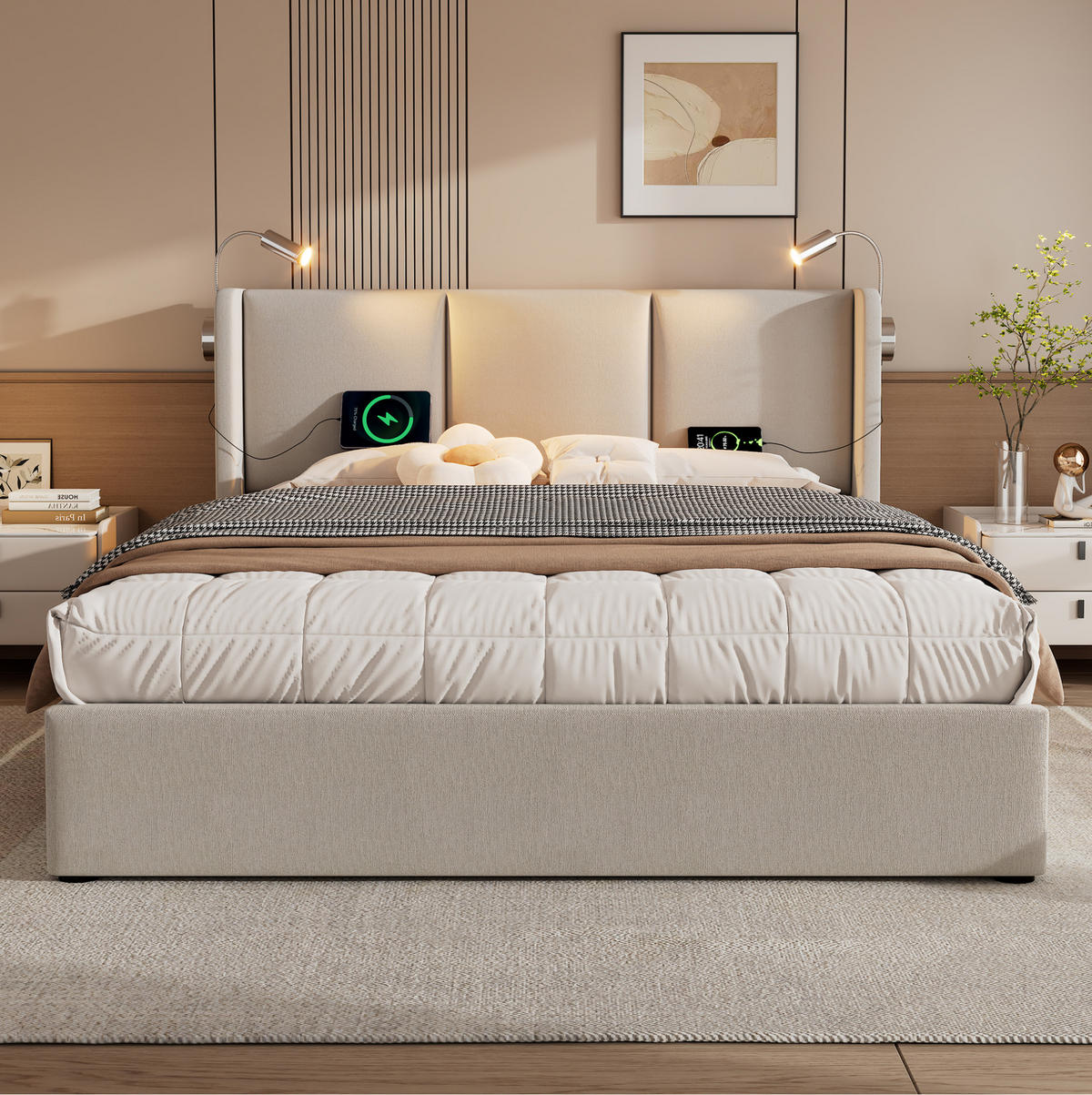 BETT mit Bettkasten 140x200 cm Leinen Beige mit Leselicht und USB - Beige, Metall (140/200cm) - Meubliv
