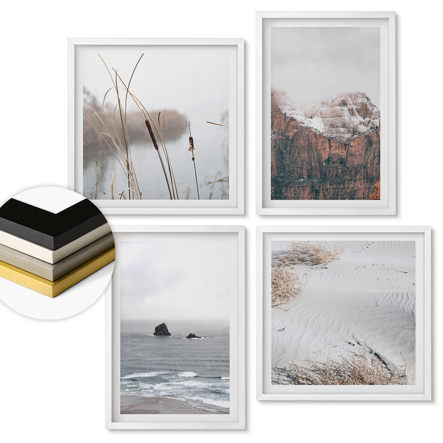 WANDBILDER 4er-Set - 50x50 cm & 40x60 cm Weißer Rahmen - Abstrakte Wellen, graue Pastellfarben - Weiß, Kunststoff (50/50cm) - ArtPrintCave
