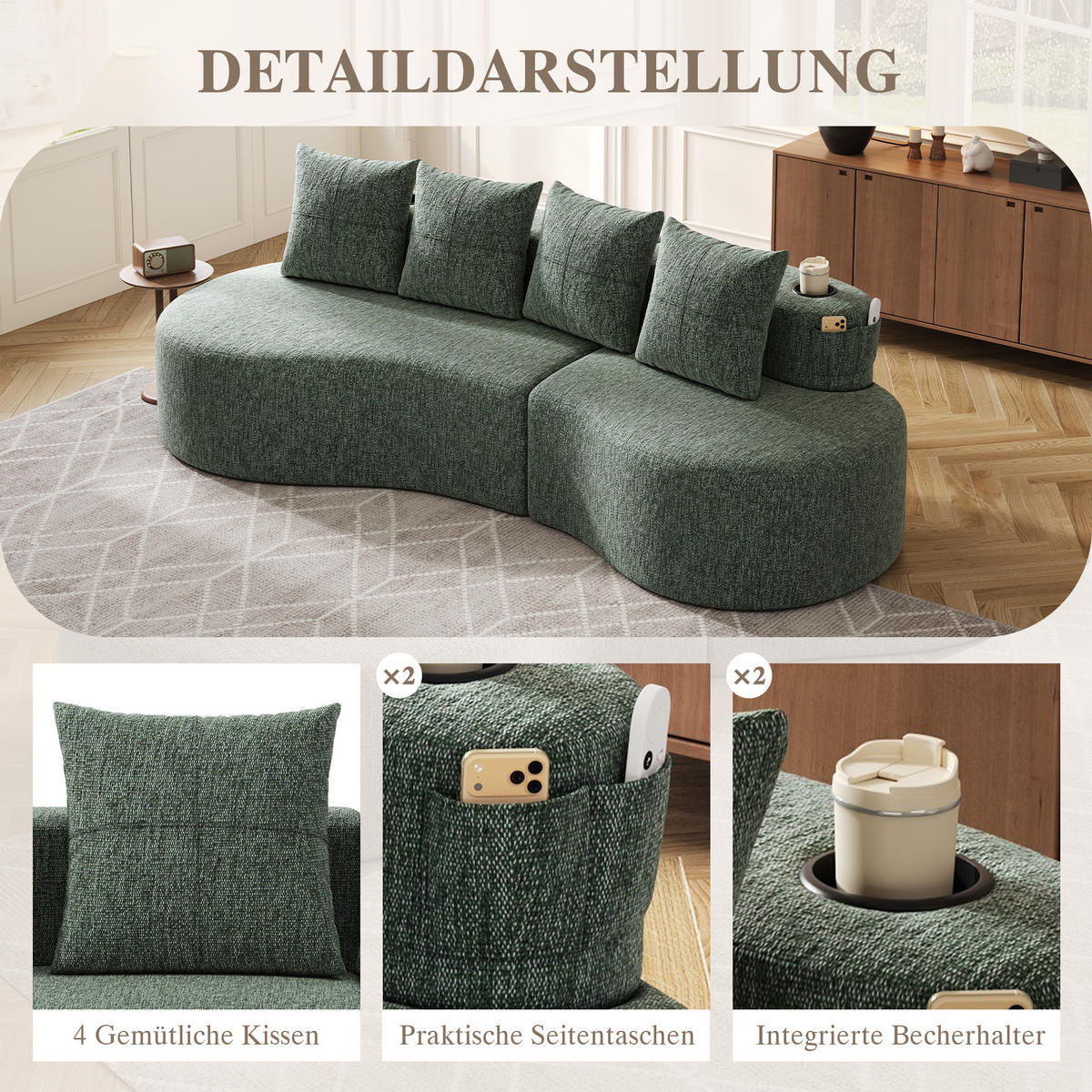 3-SITZER SOFA leinenstoff farbwahl mit getränkehalter & seitentaschen - Grün, Textil (240/63/109cm) - Urban Meuble
