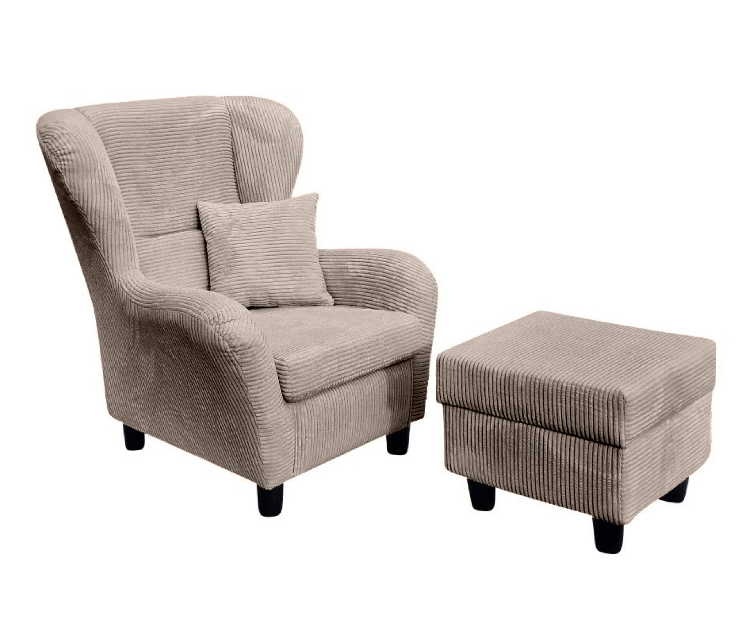 OHRENSESSEL mit HOCKER, hoher Sitzkomfort durch Wellenunterfederung B90/H98/T76 cm, Cord Braun Taupe / 18020 - Taupe/Schwarz, Holz/Textil (90/98/76cm) - luma-home