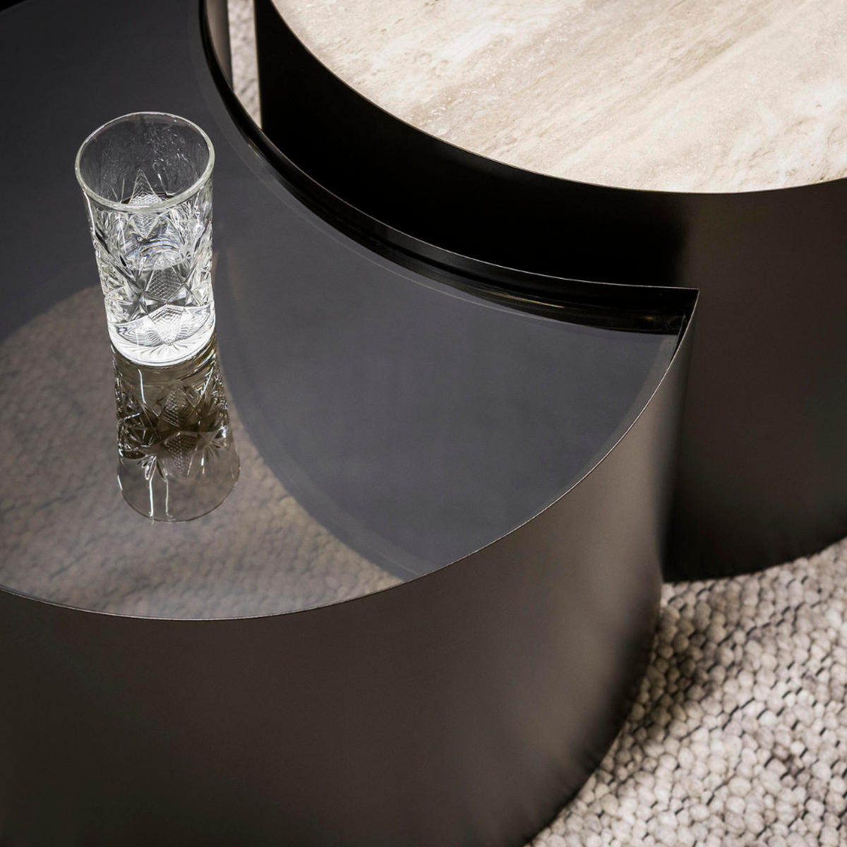 COUCHTISCH-SET VITTORIO MEZZALUNA Halbmond-Satztische - Beige/Schwarz, Glas/Keramik (61/61/41cm) - alesvelt