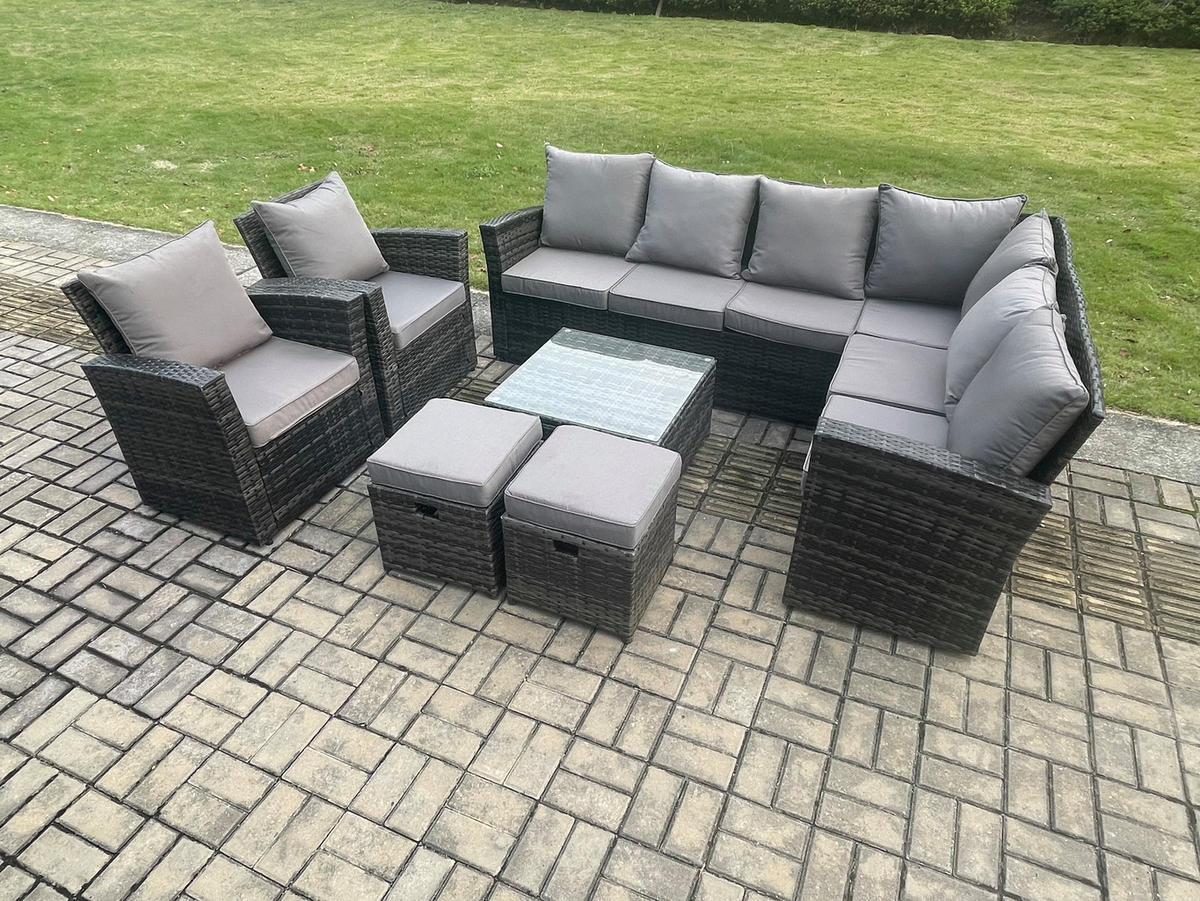LOUNGEGARNITUR mit Couchtisch Sofa Polyrattan Dunkelgrau 10-Sitzer - Dunkelgrau/Grau, Glas/Kunststoff - Fimous