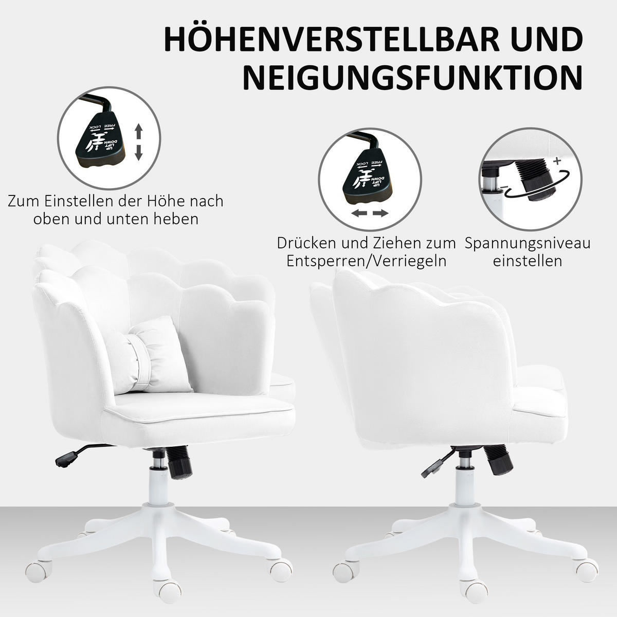 BÜROSTUHL Schreibtischstuhl mit Armlehne, Wippfunktion für Schlafzimmer, Weiß - Weiß, Kunststoff (62/88/66cm) - HOMCOM