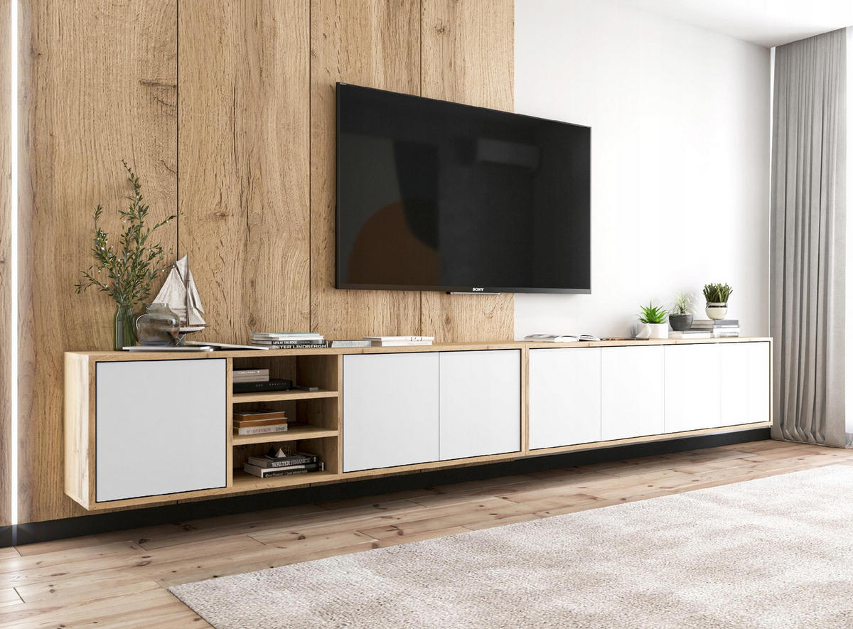 TV-LOWBOARD 2-er Set Apollo Eiche wotan Weiß Matt 150 cm - Weiß, Holzwerkstoff (300/39/35cm) - Meble Lindner