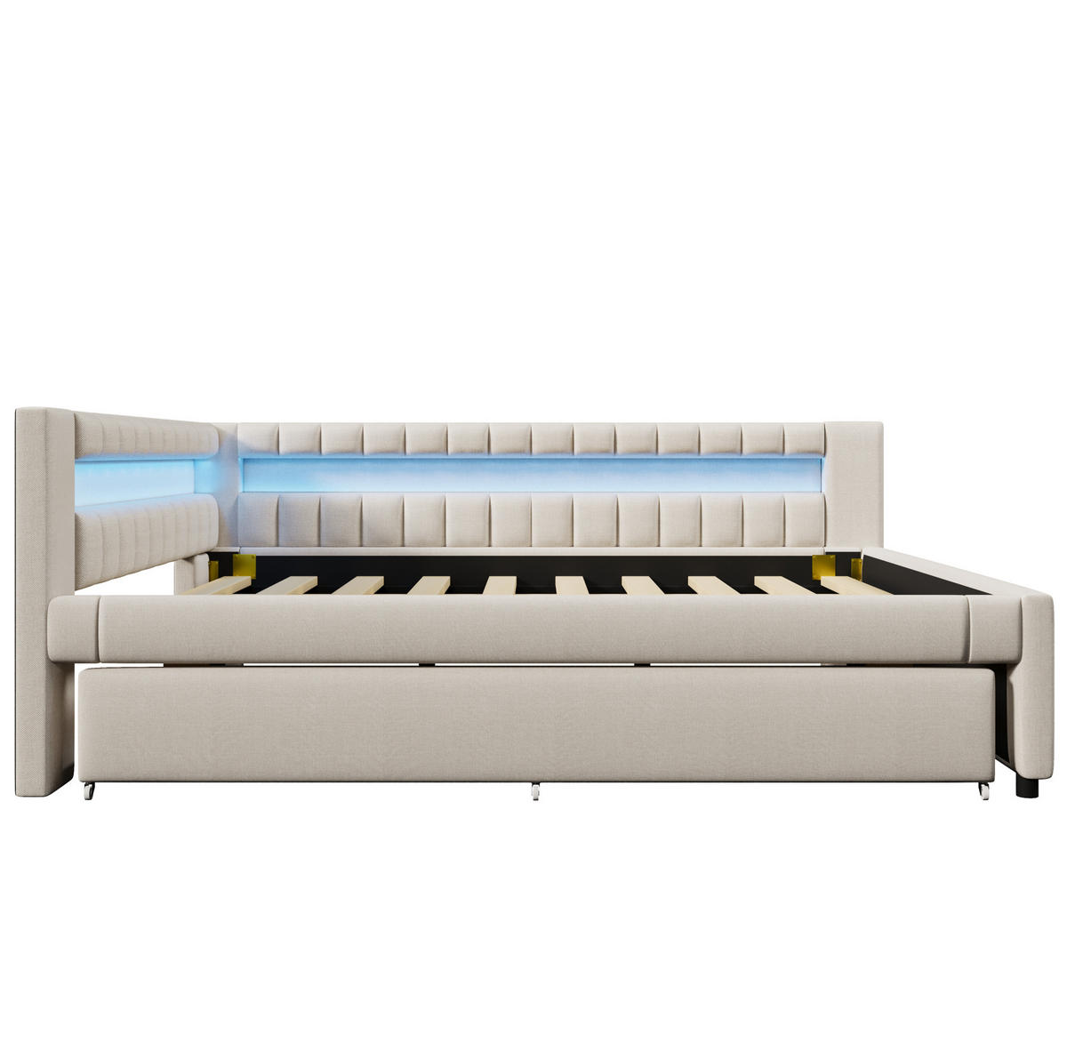 POLSTERBETT mit LED-Beleuchtung 140/200 cm mit Ausziehbett in Beige - Beige, Textil (140/200cm) - BEAOK