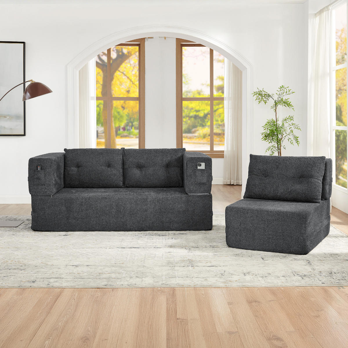 SCHLAFSOFA aus Stoff Dunkelgrau klappbar mit Sessel, Seitentaschen und Memory-Schaum - Dunkelgrau, Textil (199/39/194cm) - Modfu