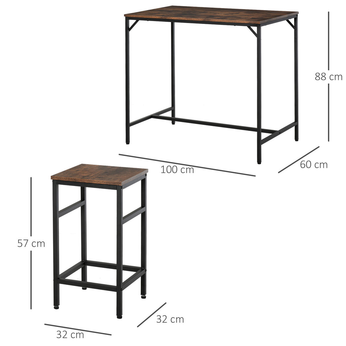 BARTISCH-SET Stehtisch mit 4 Barhockern 5-teiliges Tischset Stahl Braun - Braun, Kunststoff (60/88/100cm) - HOMCOM