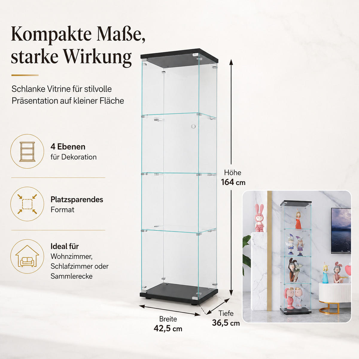 VITRINE,TRANSPARENT, 4-stufig, schwarzer Rahmen, staubdichte Glaswände ohne LED - Schwarz, Glas (42.5/164/36.5cm) - Joyfair