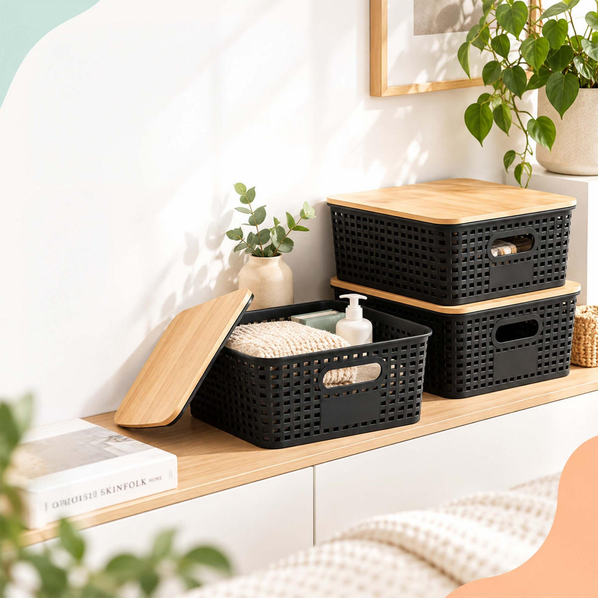 AUFBEWAHRUNGSBOXEN Schwarz 3er-Set Bambusdeckel - Schwarz, Holz/Kunststoff (25.5/11/18.5cm) - Relaxdays