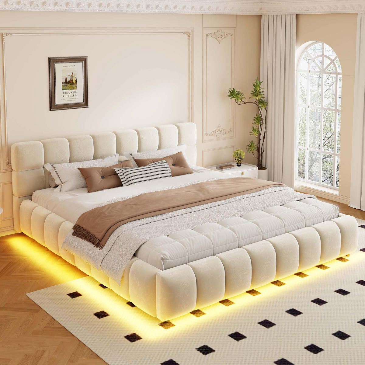 POLSTERBETT 160 x 200 cm mit LED und Stauraum, Beige - Beige, Textil (160/200cm) - FLIEKS