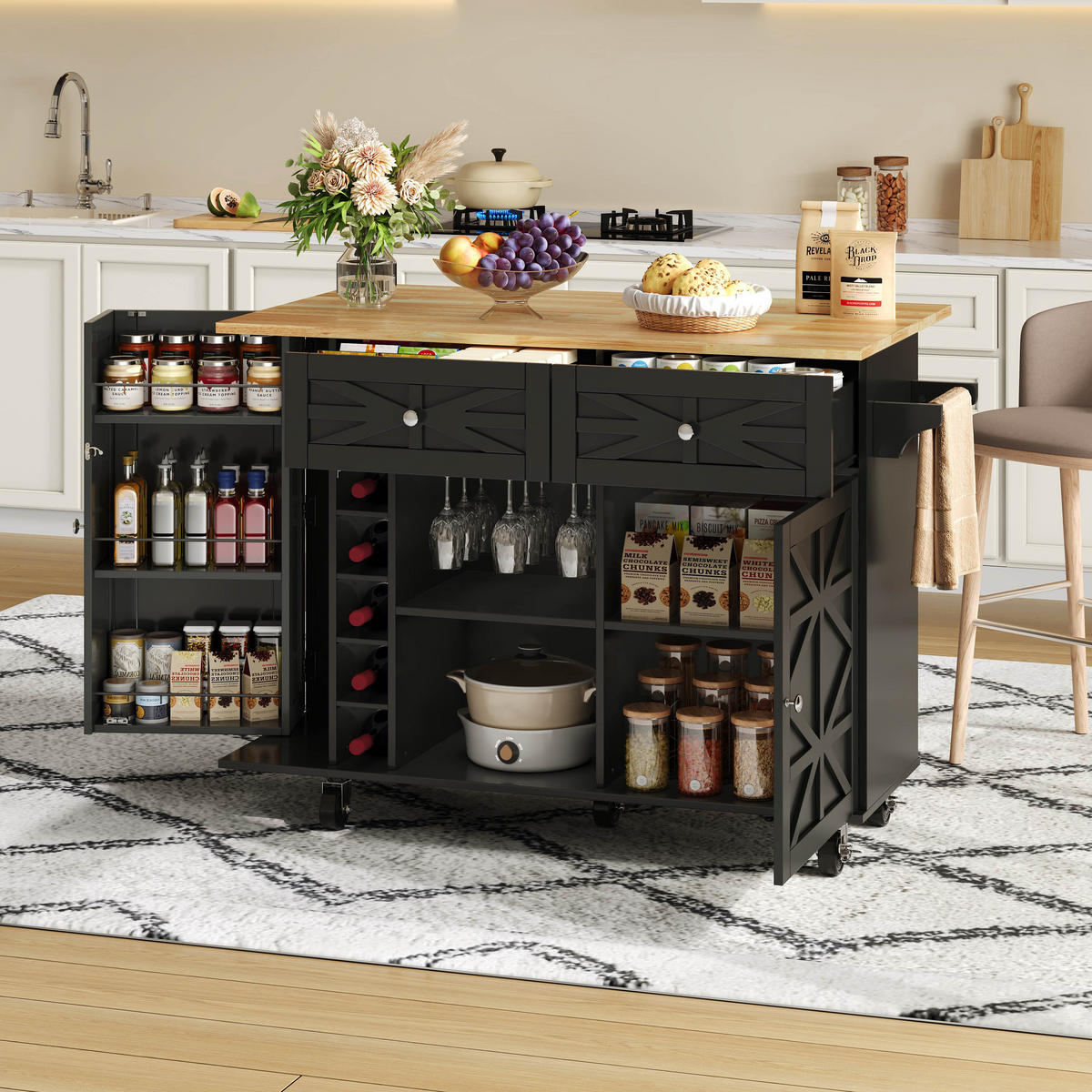 KÜCHENINSEL 120x70x89cm Schwarz mit Klappplatte,Weinregal & Schubladen - Schwarz, Holzwerkstoff (120/89/70cm) - Modfu