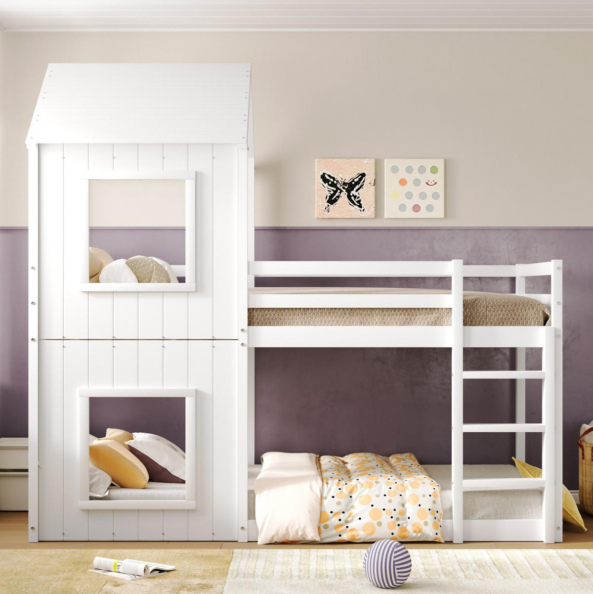 ETAGENBETT aus Kiefer 90x200 cm in Weiß mit Rausfallschutz im Baumhaus-Design - Weiß, Holz (90/200cm) - Modfu