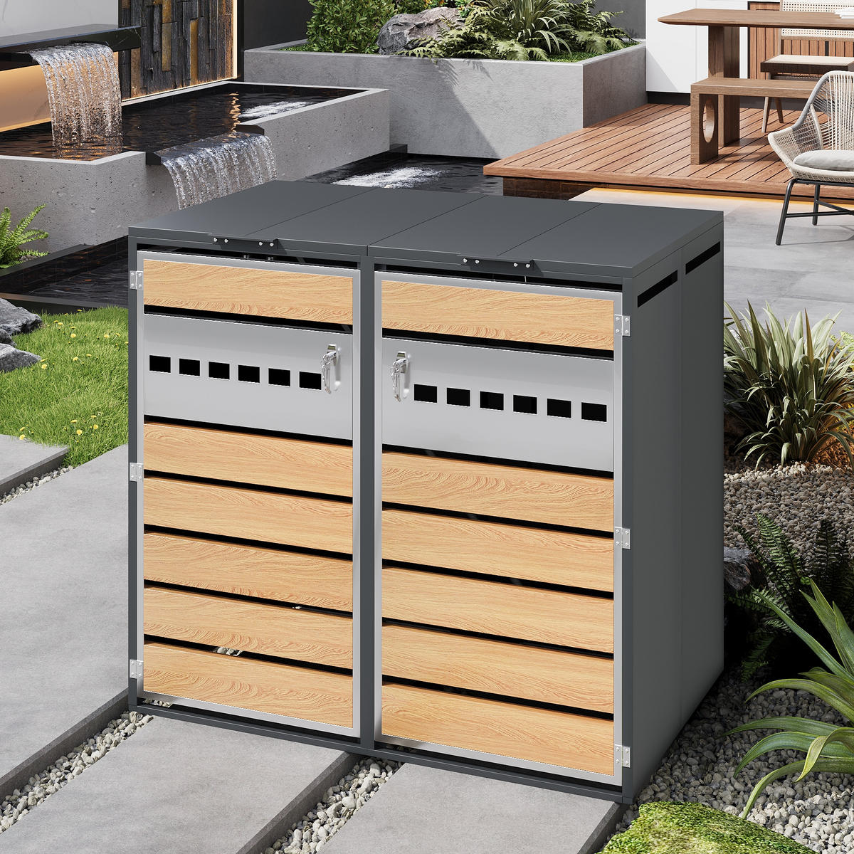 MÜLLTONNENBOX Klappdeckel 2 Türen - Grau, Metall (132/118.5/80cm) - LEBENLANG