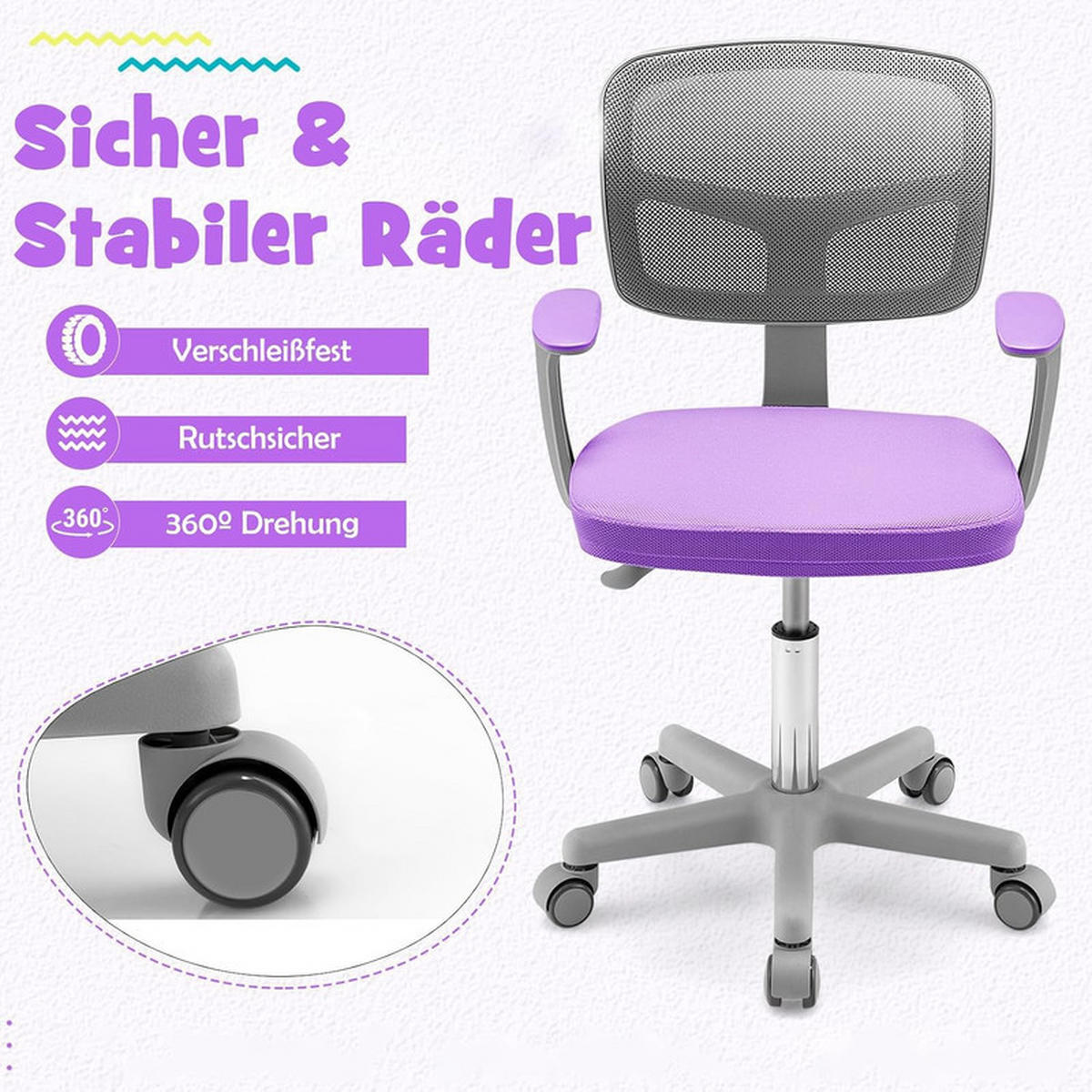 KINDER‑BÜROSTUHL 360°drehbar violett - Lila, Kunststoff (54/80/54cm) - COSTWAY