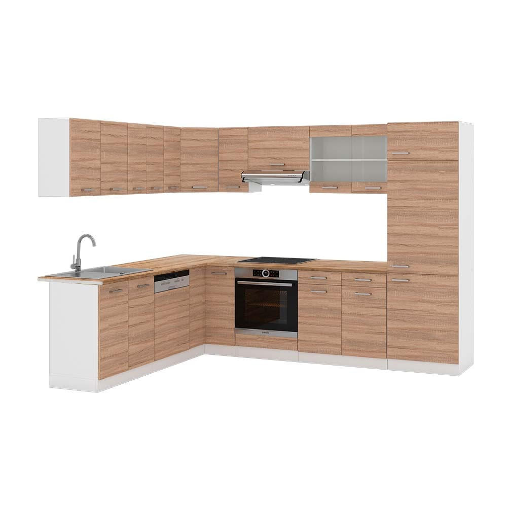 KOTNA KUHINJA R-Line, Sonoma/Bela, 287 x 227 cm, DP Hrast - bela/hrast sonoma, leseni material (287/206.8/60cm) - Vicco