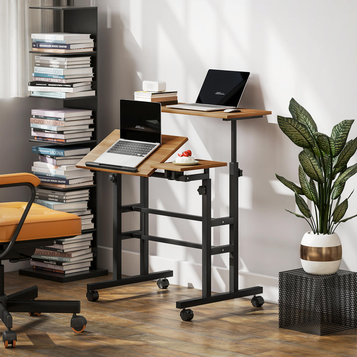 COMPUTERTISCH Braun höhenverstellbar mit neigbarer Arbeitsplatte und Rollen 70/60/70,5-120 cm - Braun, Holzwerkstoff (60/70/120cm) - PANGIVO