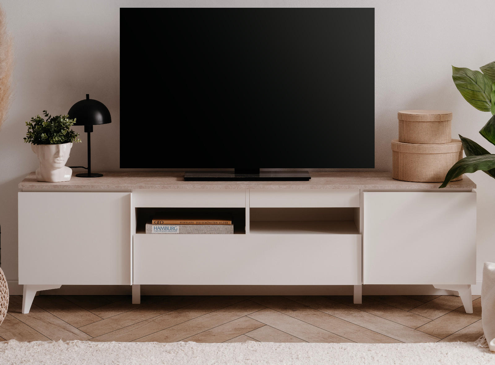 TV-LOWBOARD weiß, Sandstein 177 cm, TV-Unterteil mit 6 Fächern - Sandfarben/Weiß, Holzwerkstoff/Kunststoff (177/52/40cm) - Furn.Design