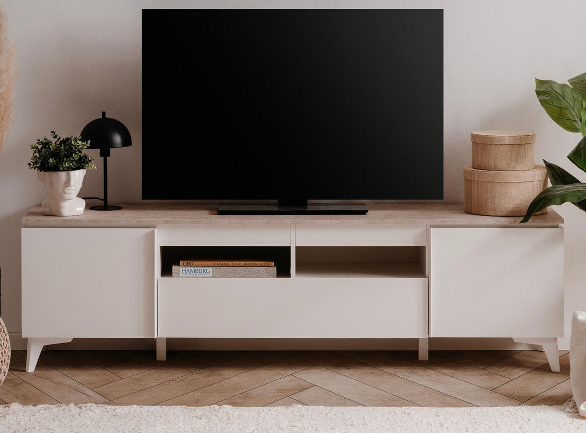 TV-LOWBOARD weiß, Sandstein 177 cm, TV-Unterteil mit 6 Fächern - Sandfarben/Weiß, Holzwerkstoff/Kunststoff (177/52/40cm) - Furn.Design