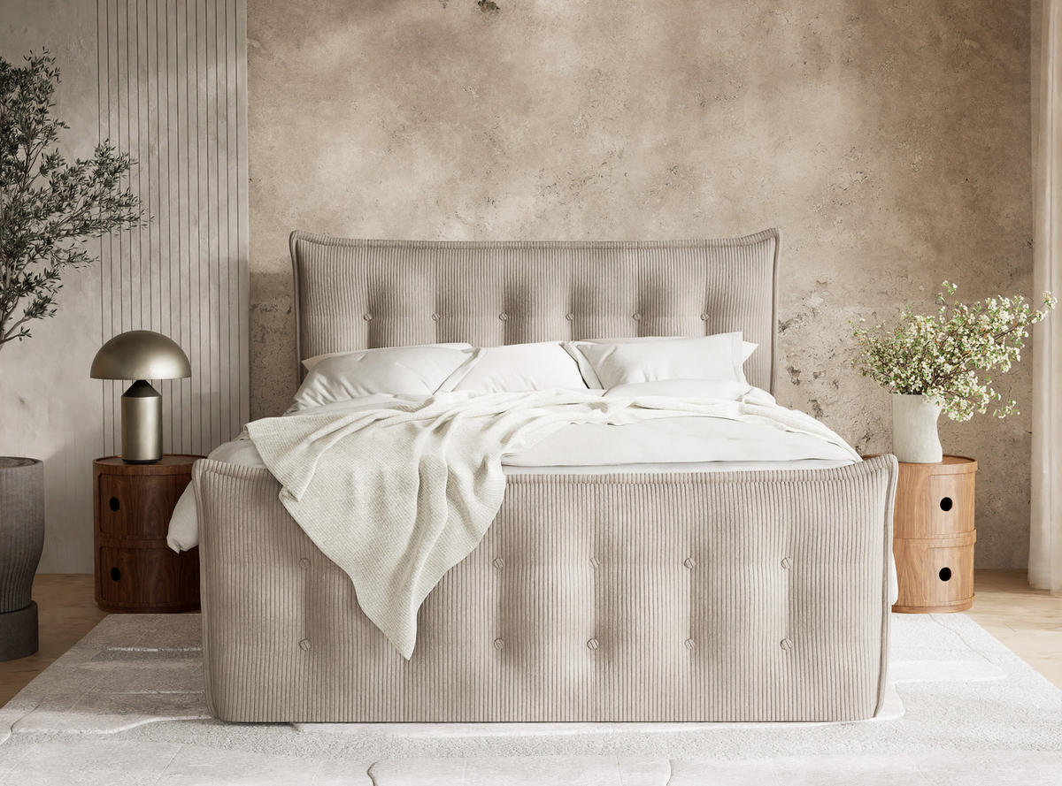 BOXSPRINGBETT Fatu 140/200 cm, in Beige, Bettkasten, Matratze, Topper - Beige/Schwarz, Holz/Holzwerkstoff (140/200cm) - Maison de Reve