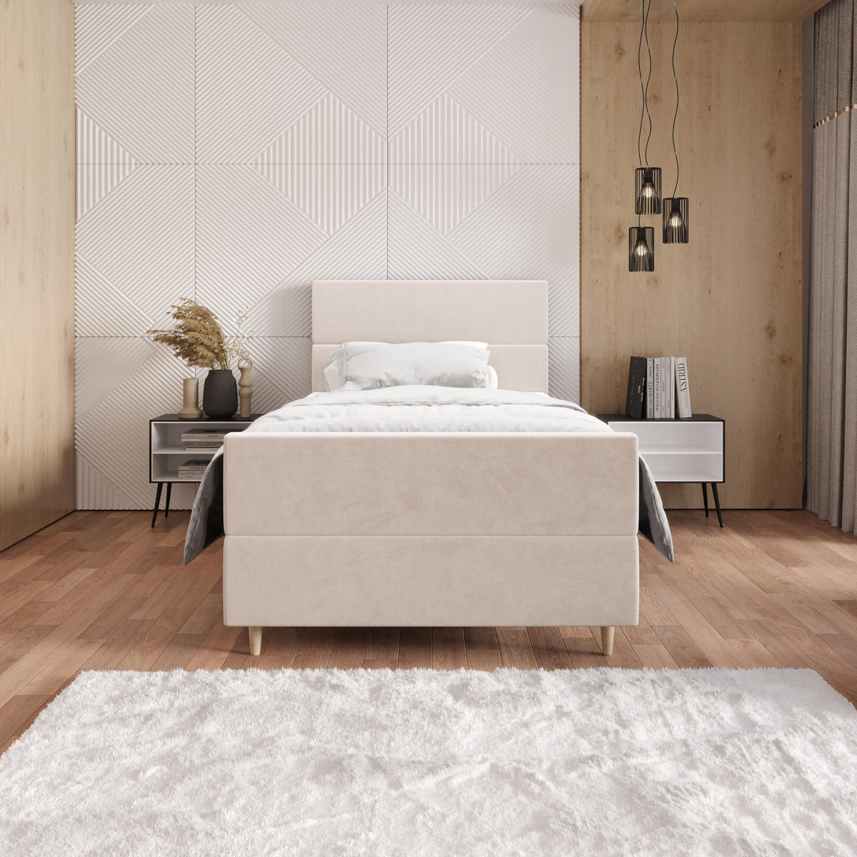 BOXBETT FLO PLUS 90x200 Itaka 16, mit Matratze H3, Bonell und Topper, Creme - Creme, Holz/Textil (90/200cm) - Bedante