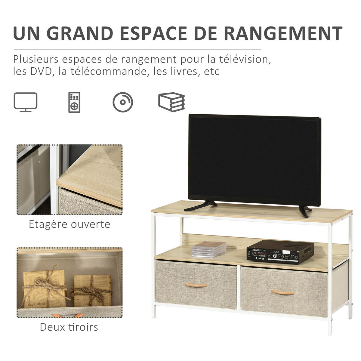TV-LOWBOARD Naturfarben/Weiß/Grau 98/29/56 cm, 2 Stoffschubladen, Metallgestell - Hellgrau, Holzwerkstoff (98/56/29cm) - PANGIVO