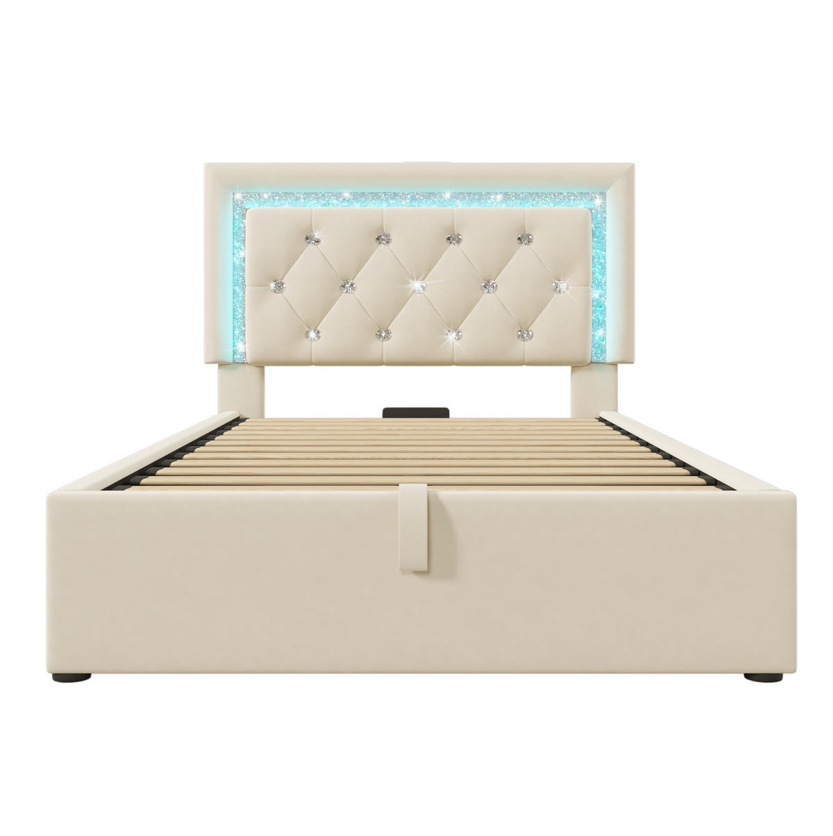 SAMT-POLSTERBETT 90/200 cm mit LED-Beleuchtung, Bettkasten und USB/Type-C - Beige, Textil (90/200cm) - BEAOK