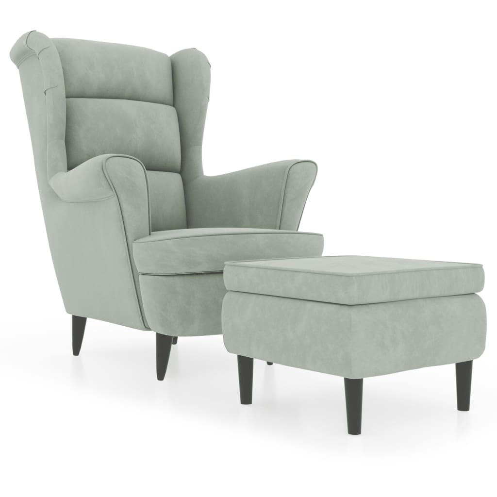 OHRENSESSEL mit Hocker Hellgrau Samt - Grau, Textil (78/96.5/90cm) - furnicato