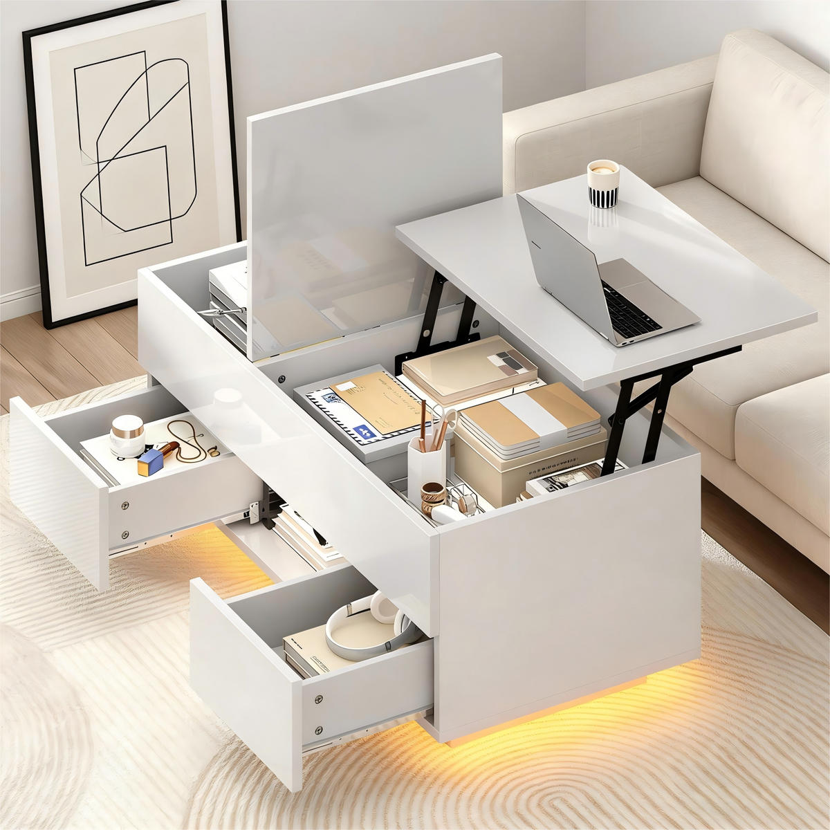 COUCHTISCH 100/45/43 cm Weiß aus Holzwerkstoff mit höhenverstellbarer Klappplatte LED und 2 Schubladen - Weiß, Holzwerkstoff (100/45/43cm) - OKWISH