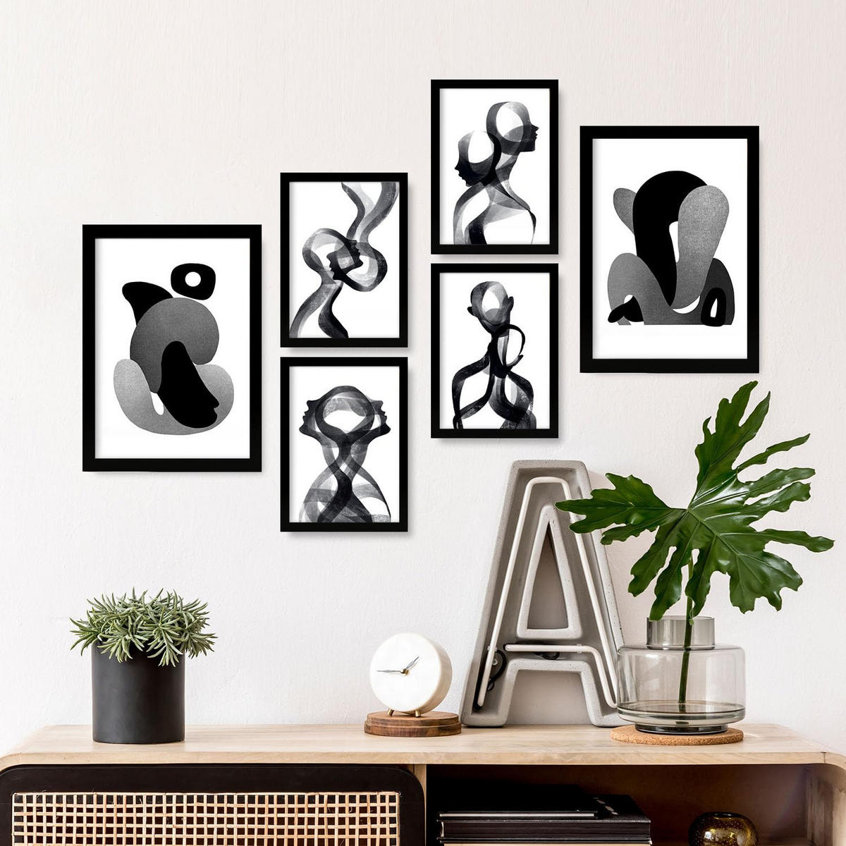 POSTER Set Mit 6 Bent Body Abstrakte Liebhaber Größe A3 & A4 Schwarzer Rahmen - Schwarz, Papier (29.7/1cm) - Nacnic