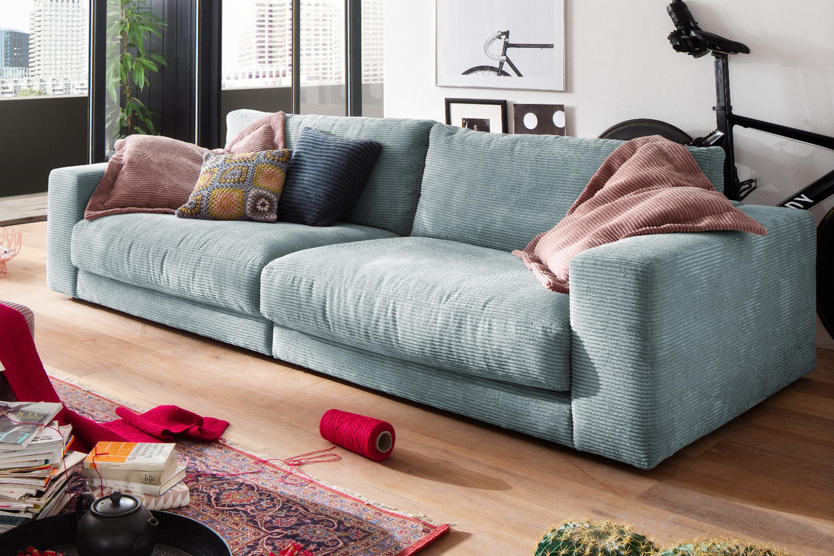 SOFA 3-SITZER MADELINE Hellblau Cord - Schwarz/Hellblau, Textil (290/85/127cm) - KAWOLA