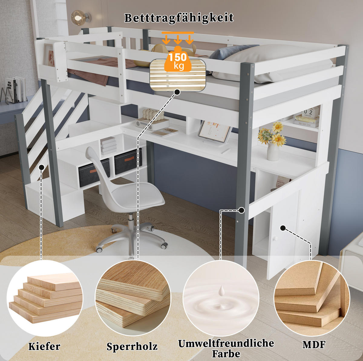 HOCHBETT 90/200 cm Weiß/Grau aus Massivholz und MDF mit Schreibtisch und Stauraum - Weiß, Holz (90/200cm) - OKMYHOME