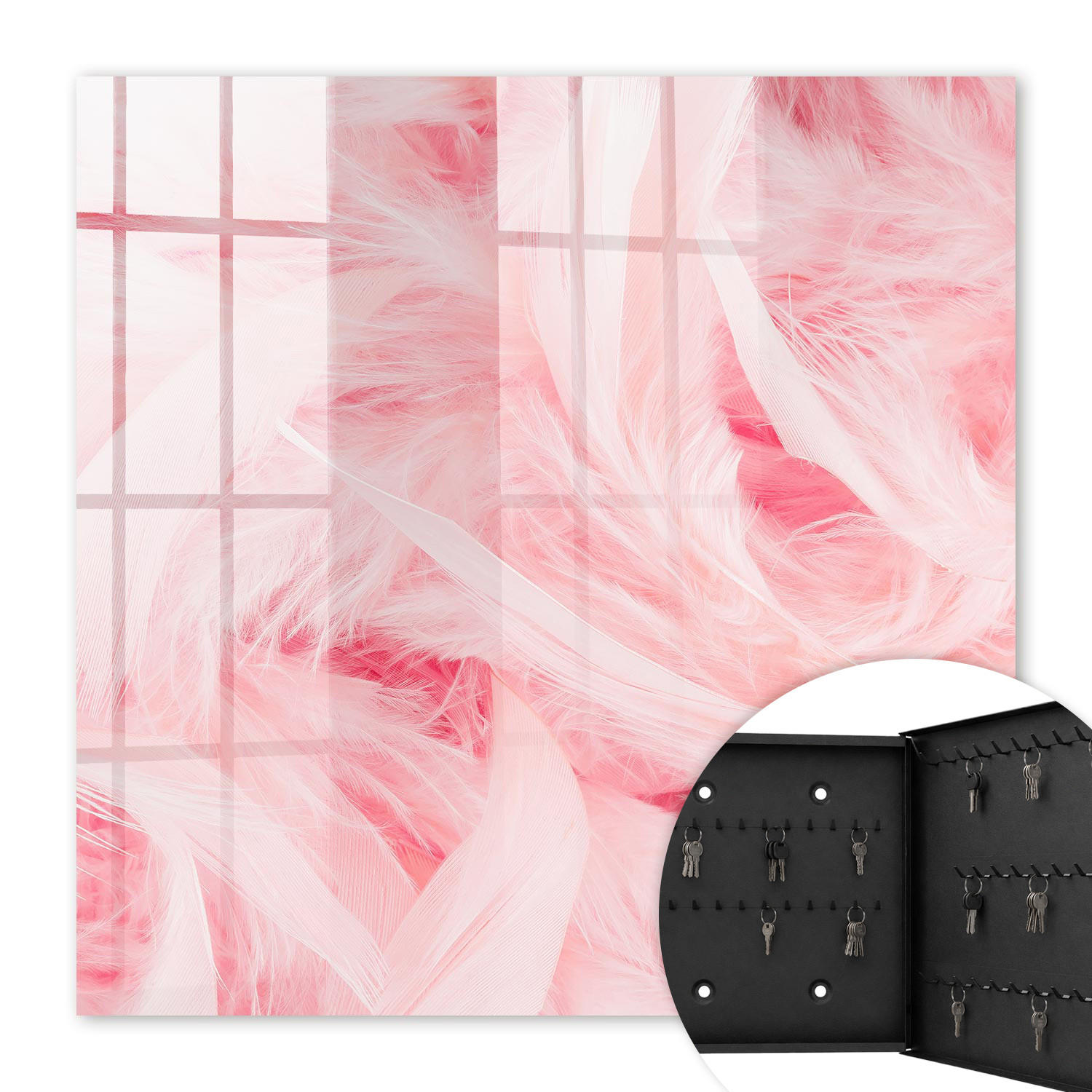 SCHLÜSSELBOX Schwarz 30x30 cm- Türöffnung nach rechts - Rosa Federn - Pink, Metall (30/30/5cm) - TULUP