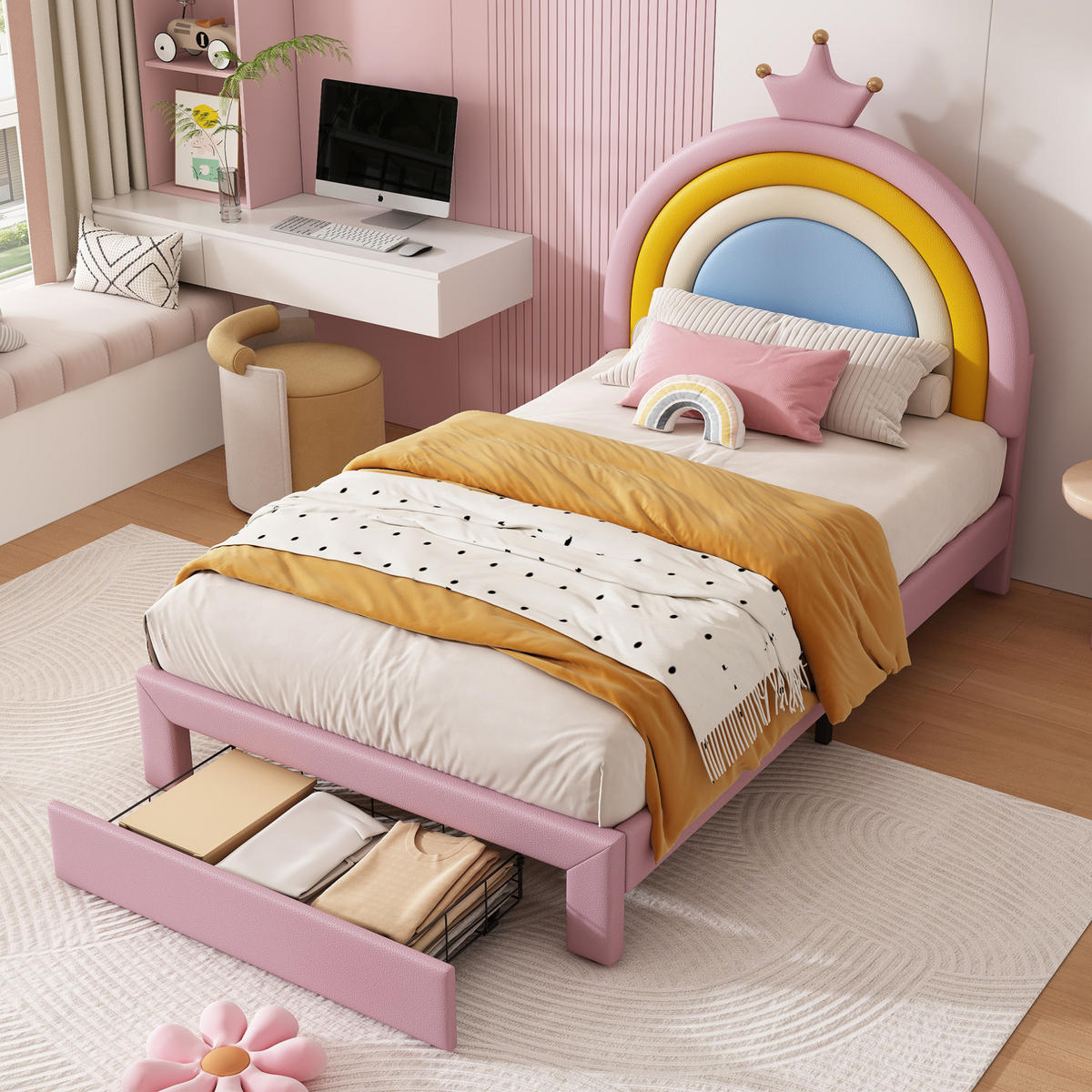 KINDER-POLSTERBETT aus PU 90x200 cm Rosa mit höhenverstellbarem Regenbogen-Kopfteil und Schublade - Pink, Kunststoff (90/200cm) - Modfu