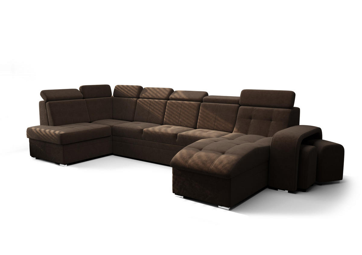 WOHNLANDSCHAFT KONGO RBN13, Eckcouch in U-Form mit Schlaffunktion, Farbe: Dunkelbraun, Velourstoff, Ottomane Rechts - Dunkelbraun, Textil (392/108/180cm) - O-Sofa