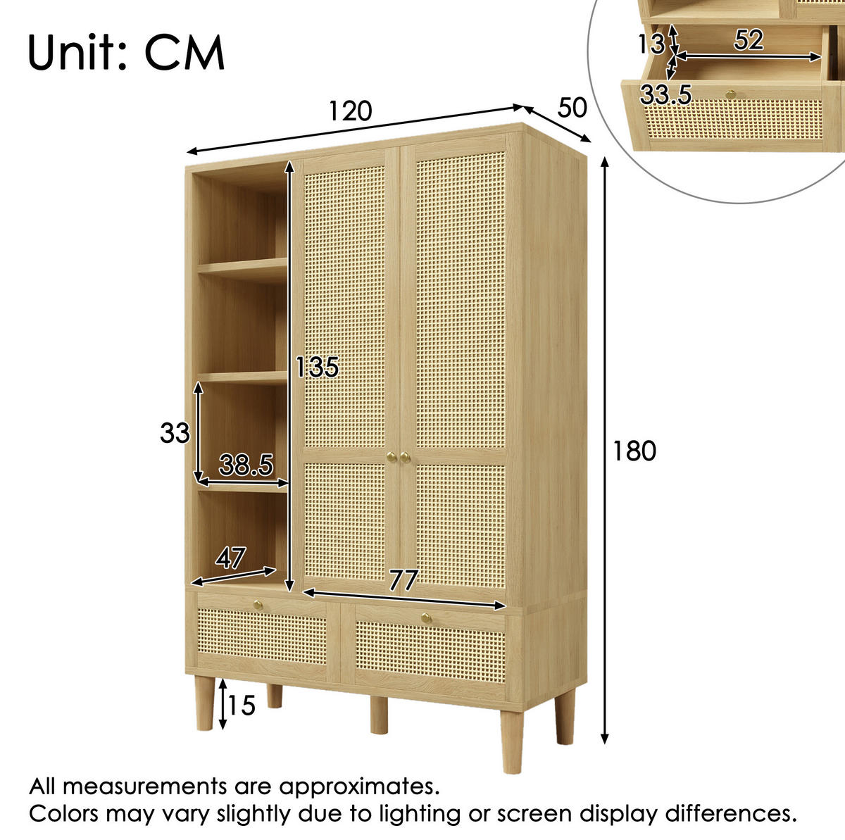 KLEIDERSCHRANK aus Holz mit Rattanoptik & 2 Schubladen, 120/50/180 cm, Eiche - Eichefarben, Holz (120/180/50cm) - Redom