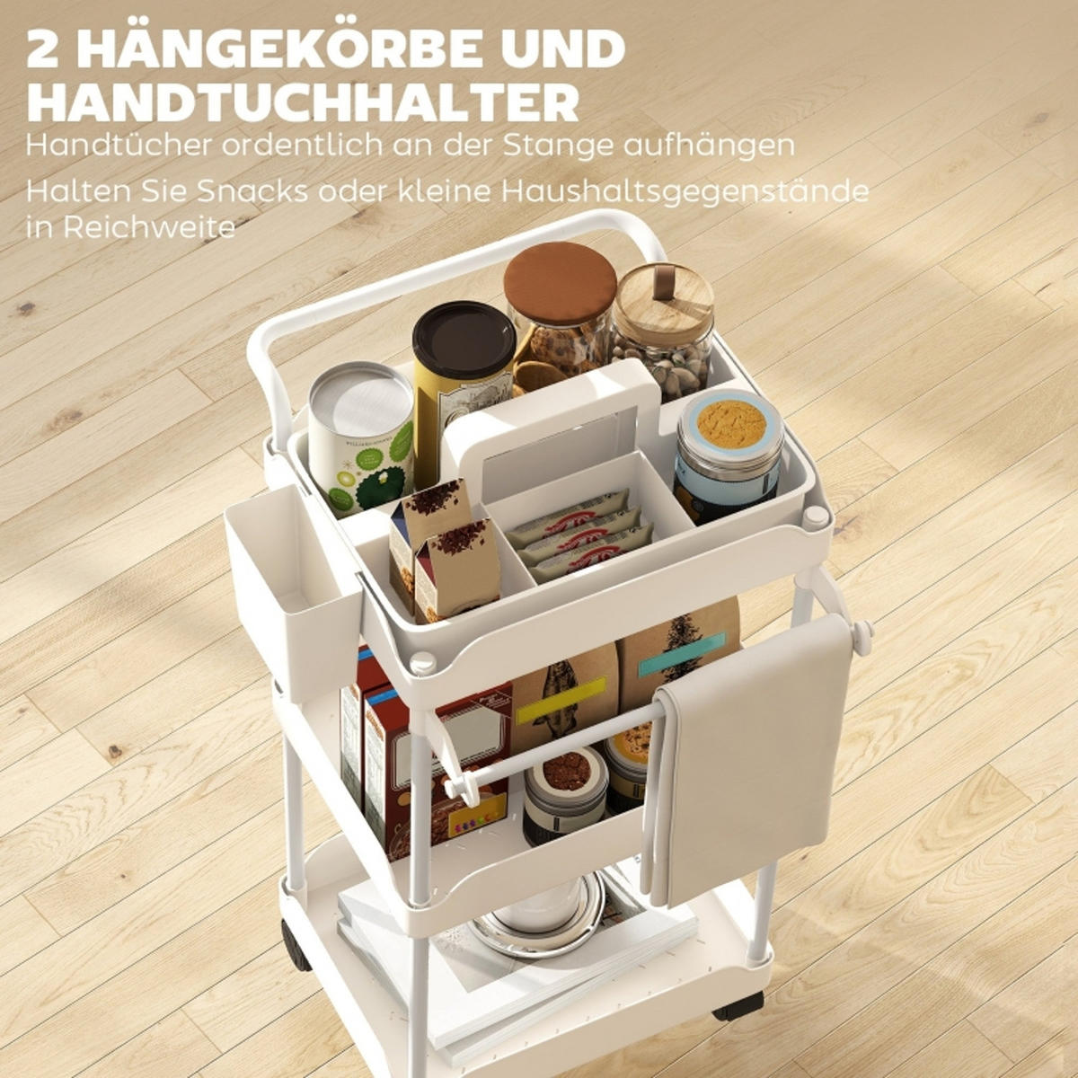KÜCHENWAGEN MIT 3 KÖRBEN,Rollwagen Mit Handtuchhalter, 42,5/76/42 cm - Weiß, Holzwerkstoff (42/76/42.5cm) - Rolipo