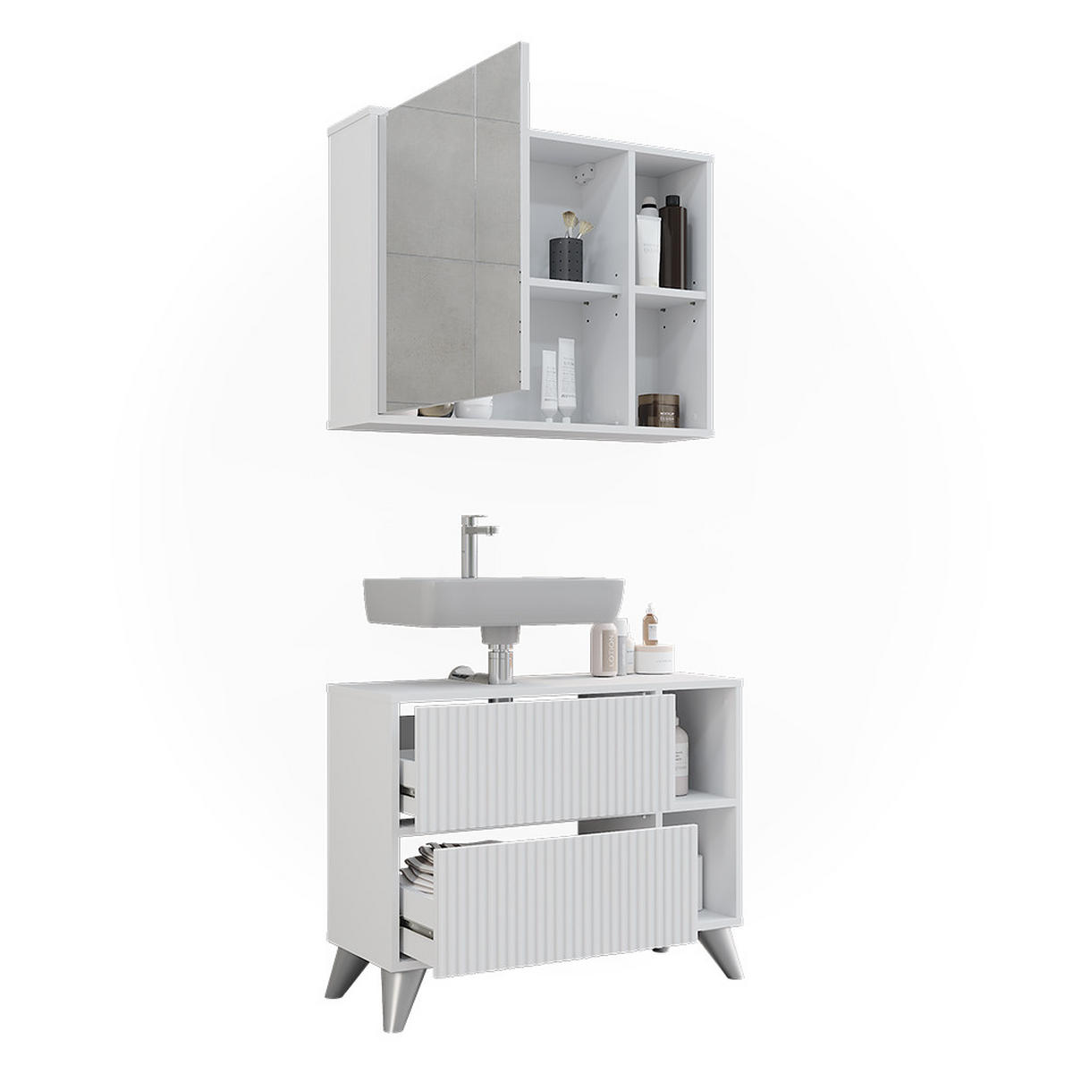 BADMÖBEL-SET Leano Weiß 80 cm, Set 1 - Weiß, Holzwerkstoff (80/62/30cm) - Vicco