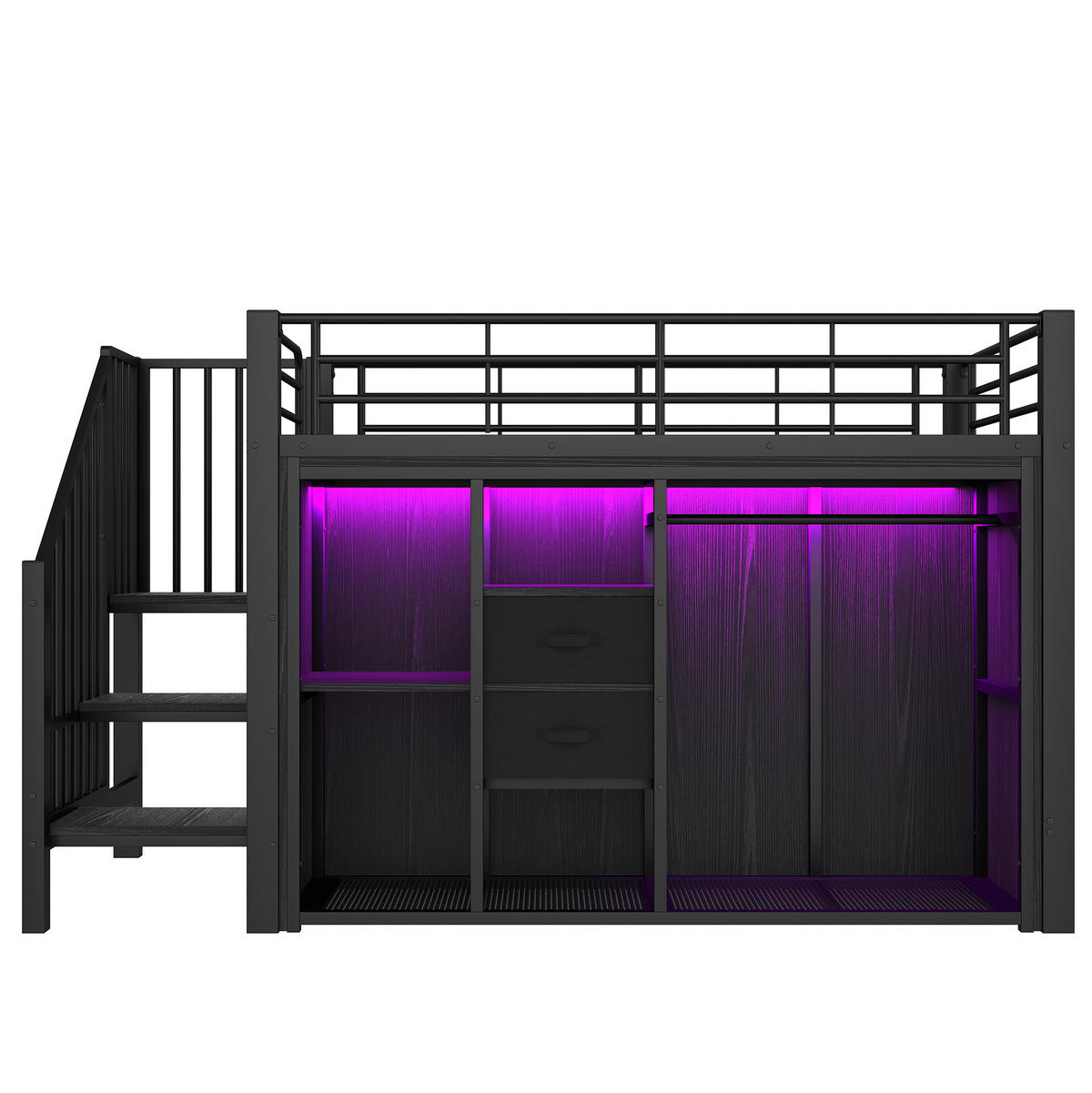 HALBHOCHBETT aus Metall und MDF 90x200 cm Schwarz mit 2 Schubladen, Kleiderstange und LED-Beleuchtung - Schwarz, Metall (90/200cm) - IVMEU