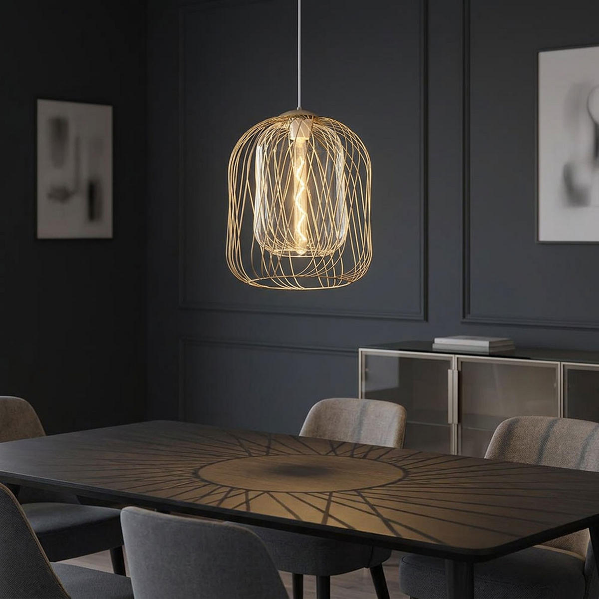 LED HÄNGELEUCHTE DICHTI Metall Sand, Metallgeflecht - Bernsteinfarben, Glas (35/35/150cm) - Globo Lighting