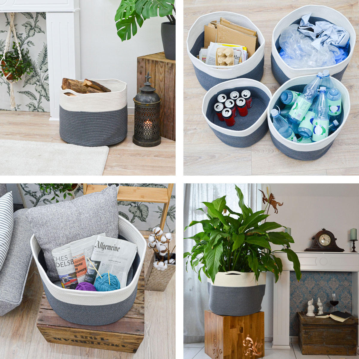 BAUMWOLL-WÄSCHEKORB 45 Liter Ø43x33 cm Grau - Weiß, Textil (43/33/43cm) - Dunedesign