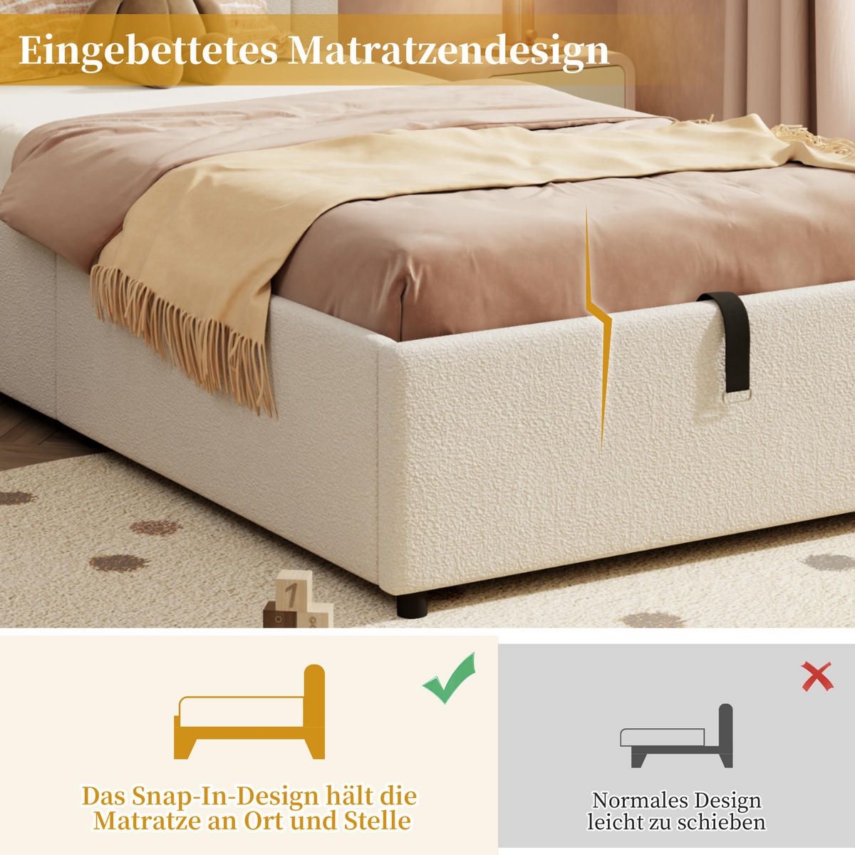 POLSTERBETT 90x200 Bouclé Lattenrost Kopfteil Beige - Beige, Holzwerkstoff - FLIEKS