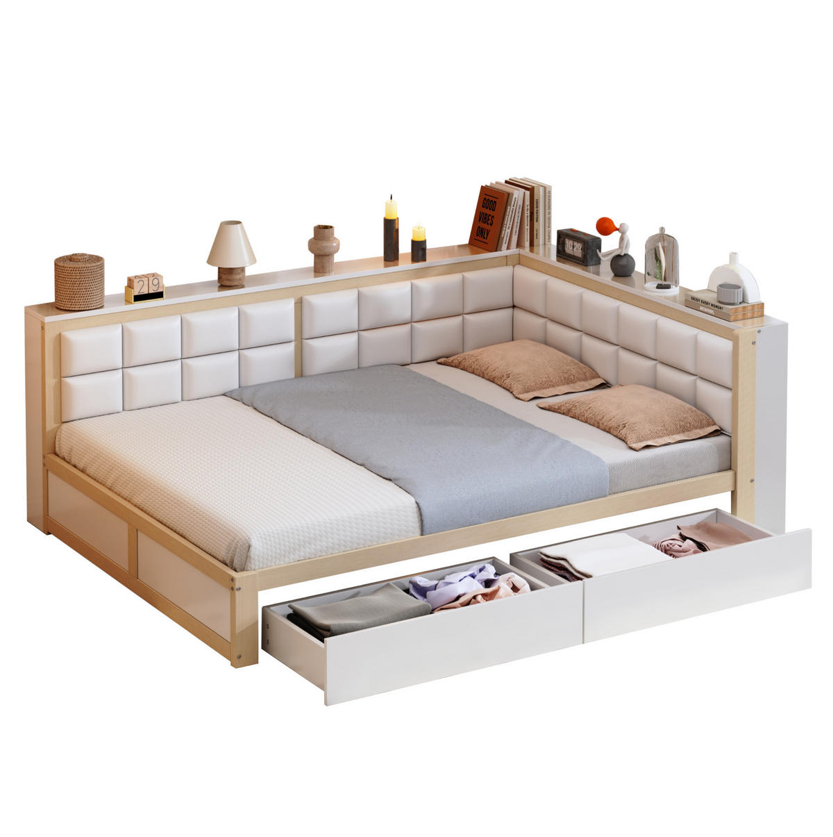 BETT 140/200 cm mit Rückenlehne und 2 Schubladen – inkl. Lattenrost - Weiß, Holz (140/200cm) - BEAOK